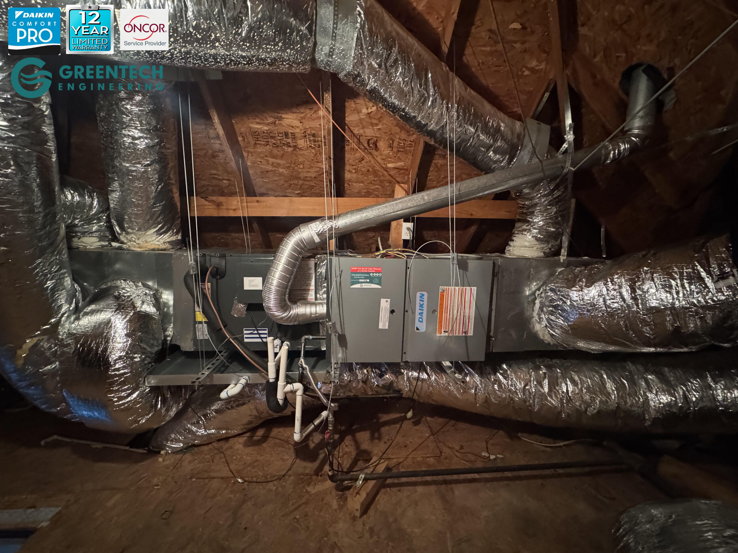 New Daikin 80% AFUE 2-stage gas furnace and all-aluminum cased coil installed horizontally with a rebuilt metal supply plenum and new R-8 flex duct in a Southlake attic.