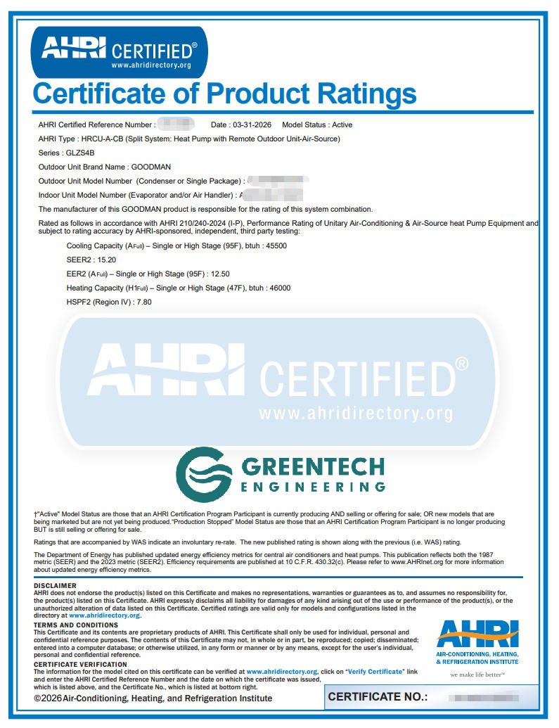 Official AHRI Certificate of Product Ratings proving the newly installed 4-Ton Goodman Heat Pump system in Fort Worth, TX achieves a 15.2 SEER2 efficiency rating.
