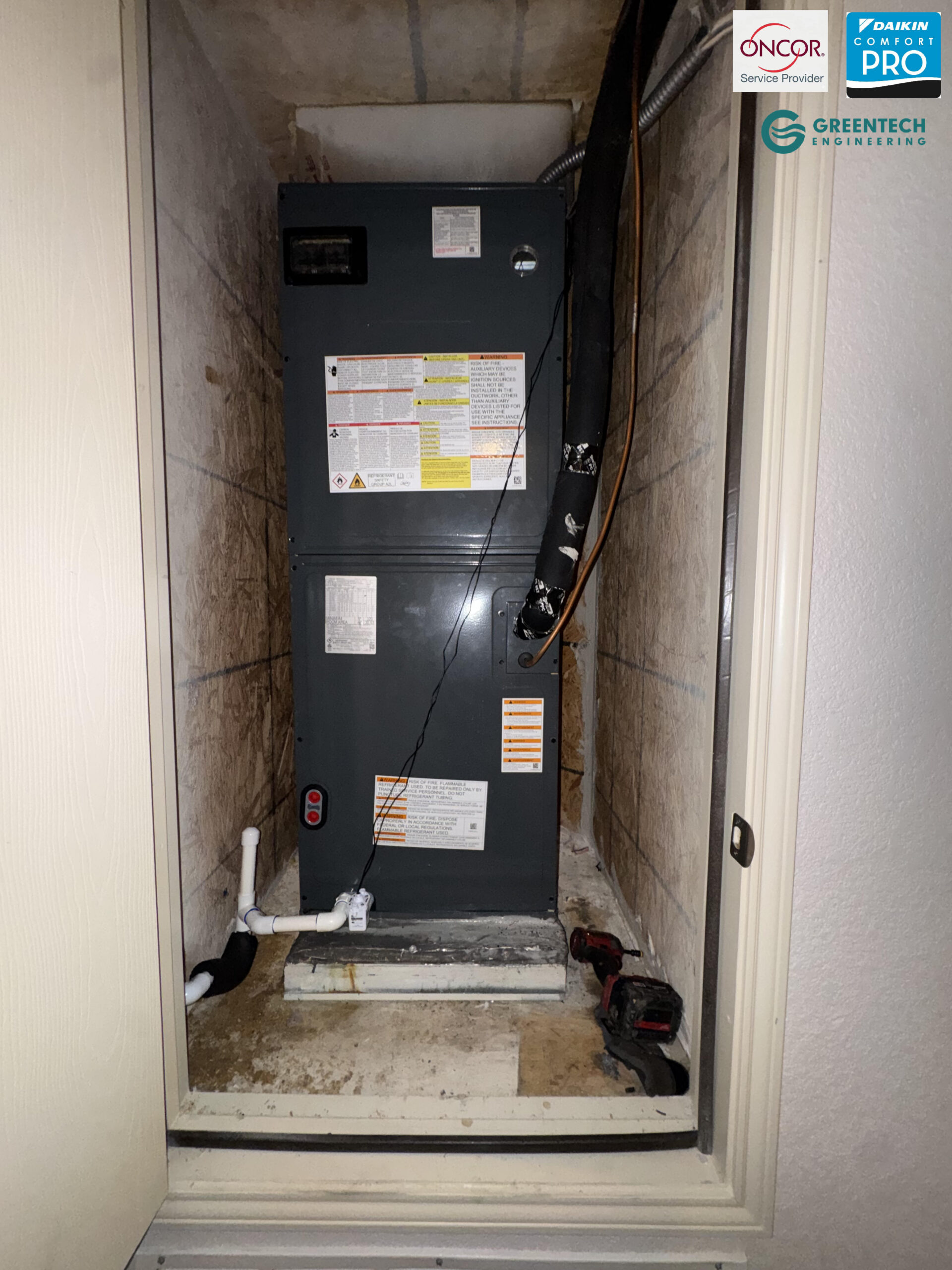 A flawless installation featuring a new Goodman air handler with a 9-speed ECM blower motor and a 20 KW electrical heat kit in Fort Worth, TX.