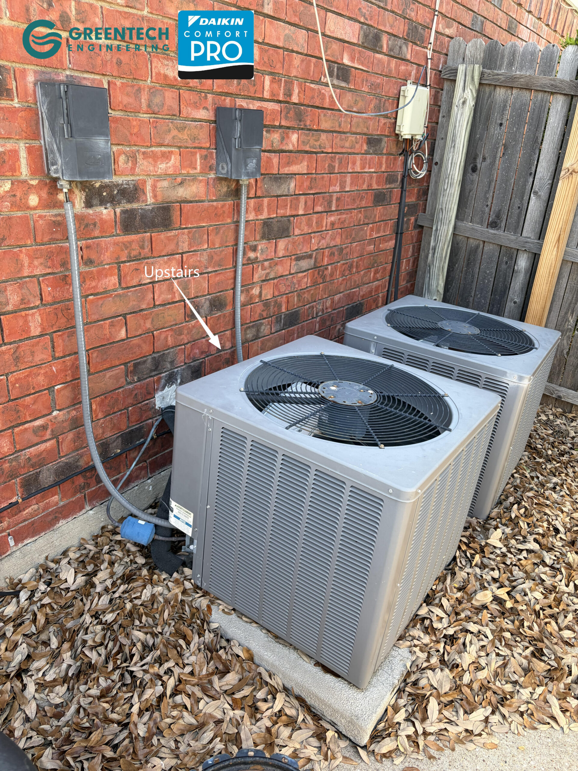 The old, failing air conditioning condenser in the side yard of a Fort Worth home prior to being safely removed by Greentech Engineering.