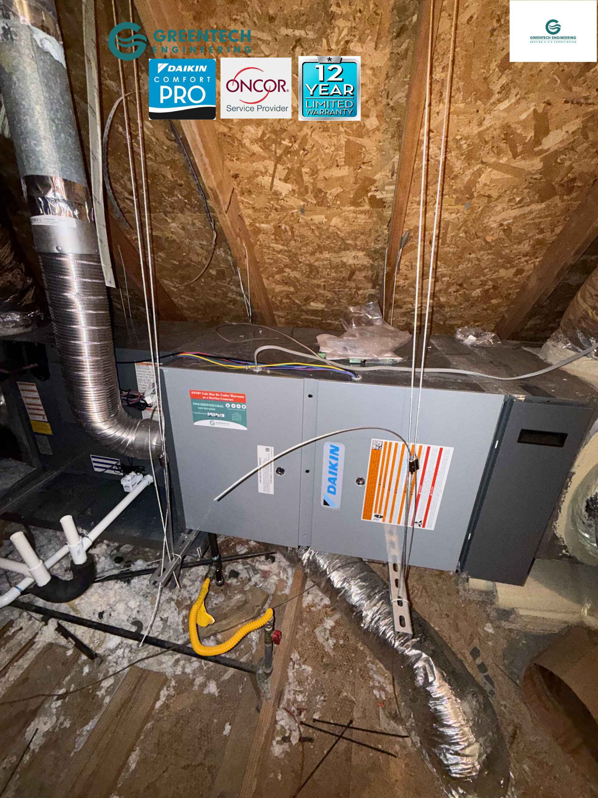 A brand new, highly efficient Daikin FIT gas furnace and cased evaporator coil cleanly suspended in a Dallas attic.