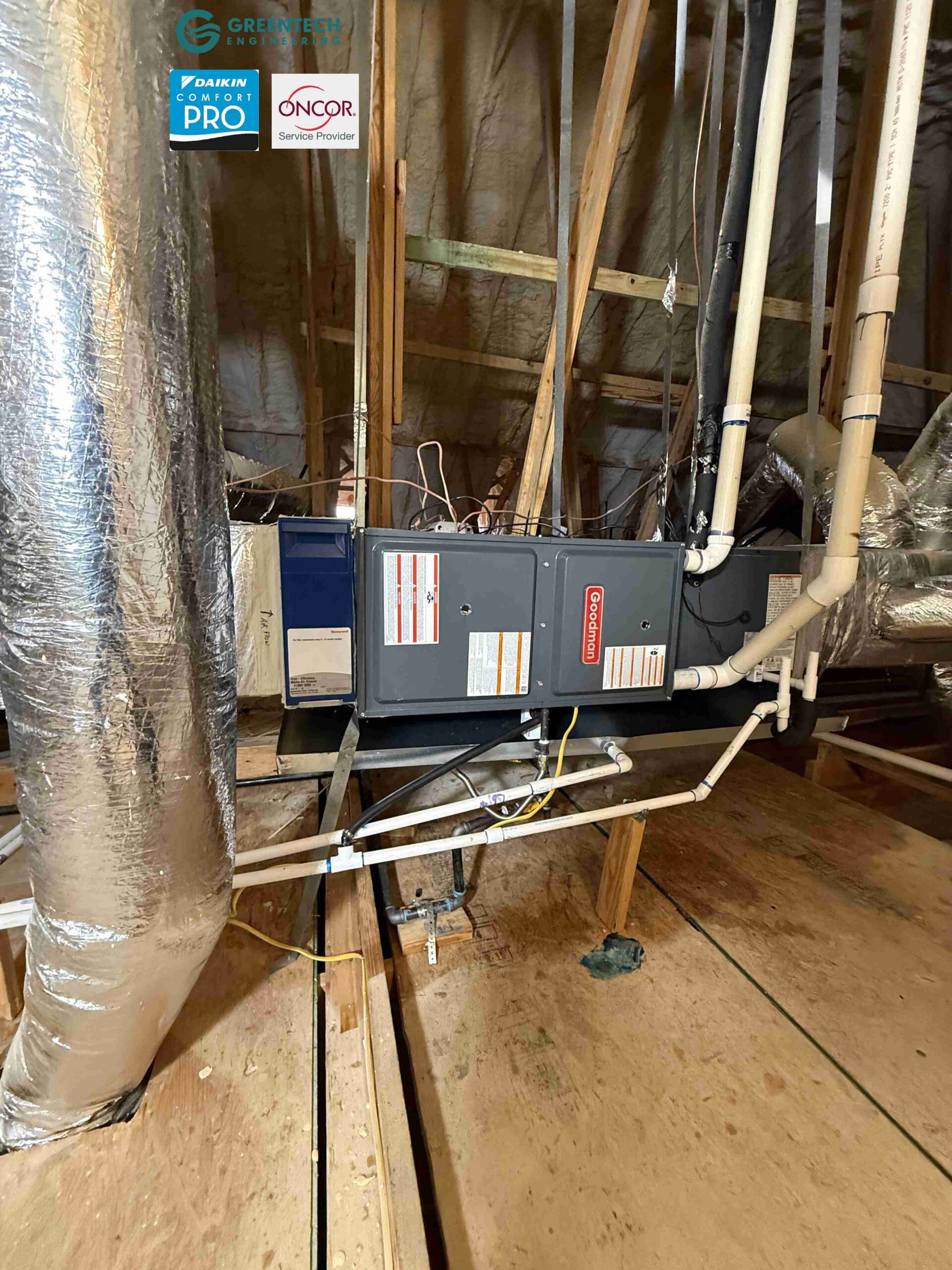 A newly installed, high-efficiency Goodman horizontal gas furnace and cased evaporator coil suspended in a Dallas, TX attic.