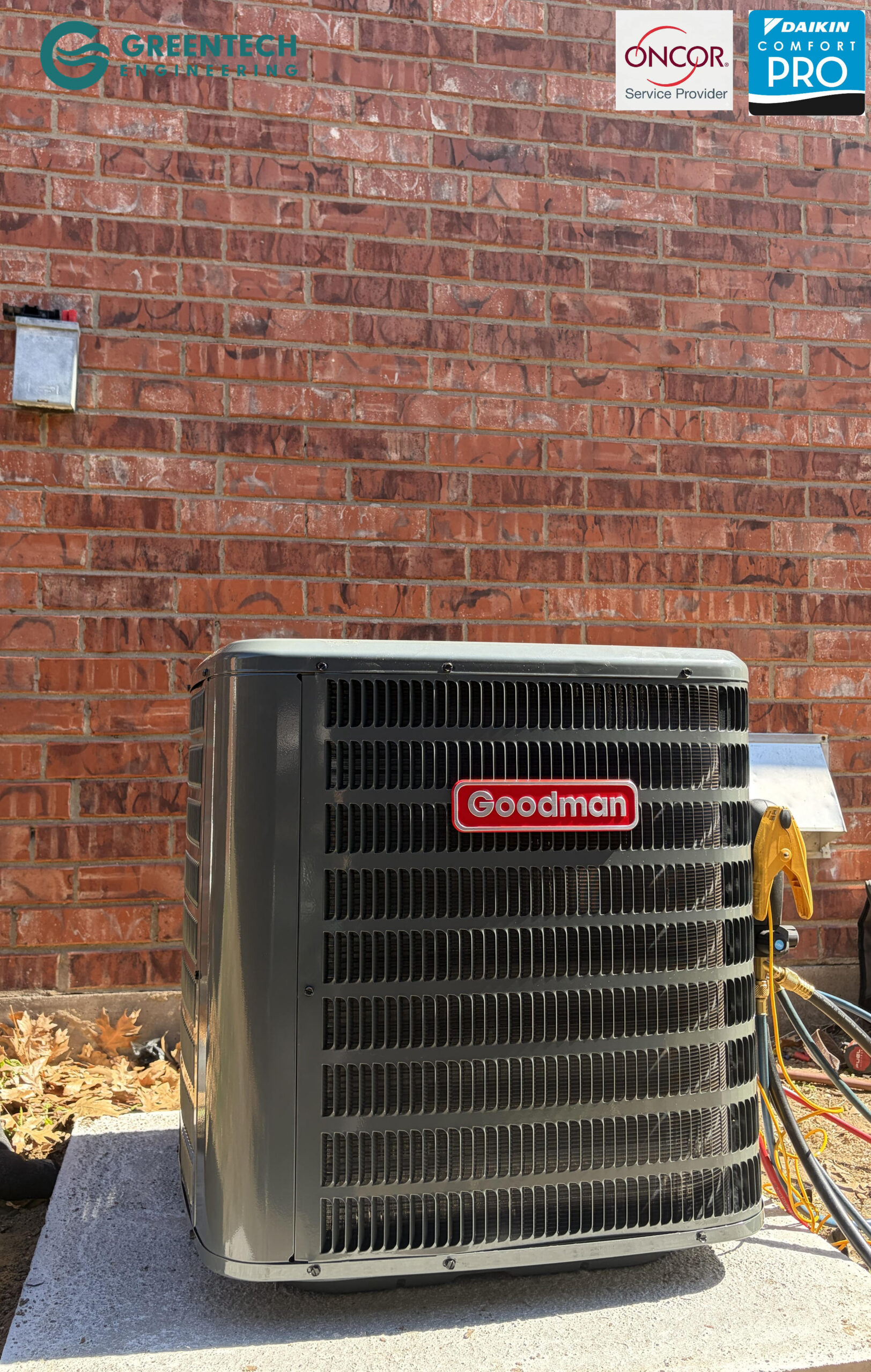 A newly installed, properly sized 2-Ton Goodman AC condenser on a concrete pad in Little Elm.