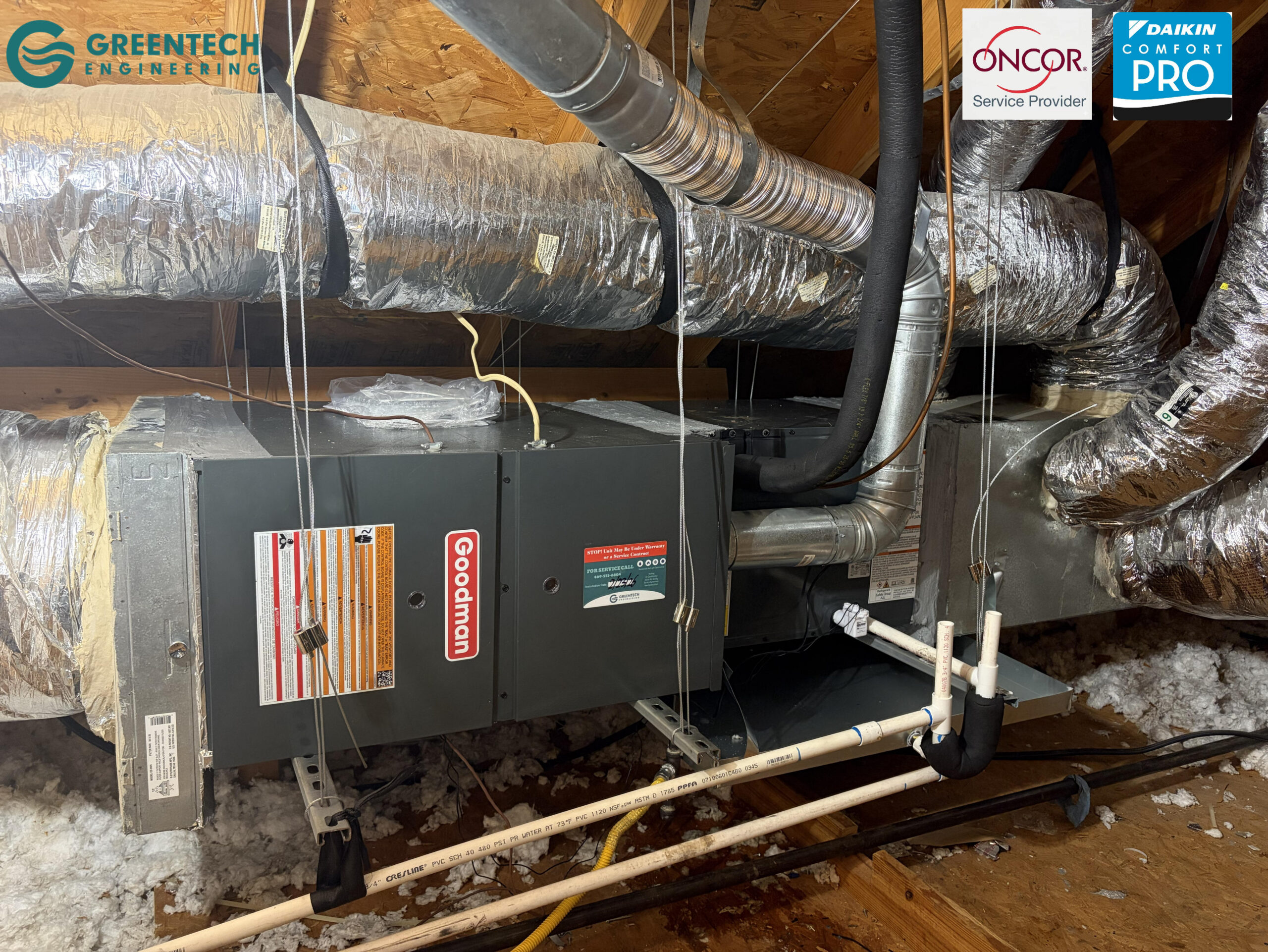 A new high-efficiency Goodman gas furnace and Daikin horizontal coil installed in a Little Elm attic.