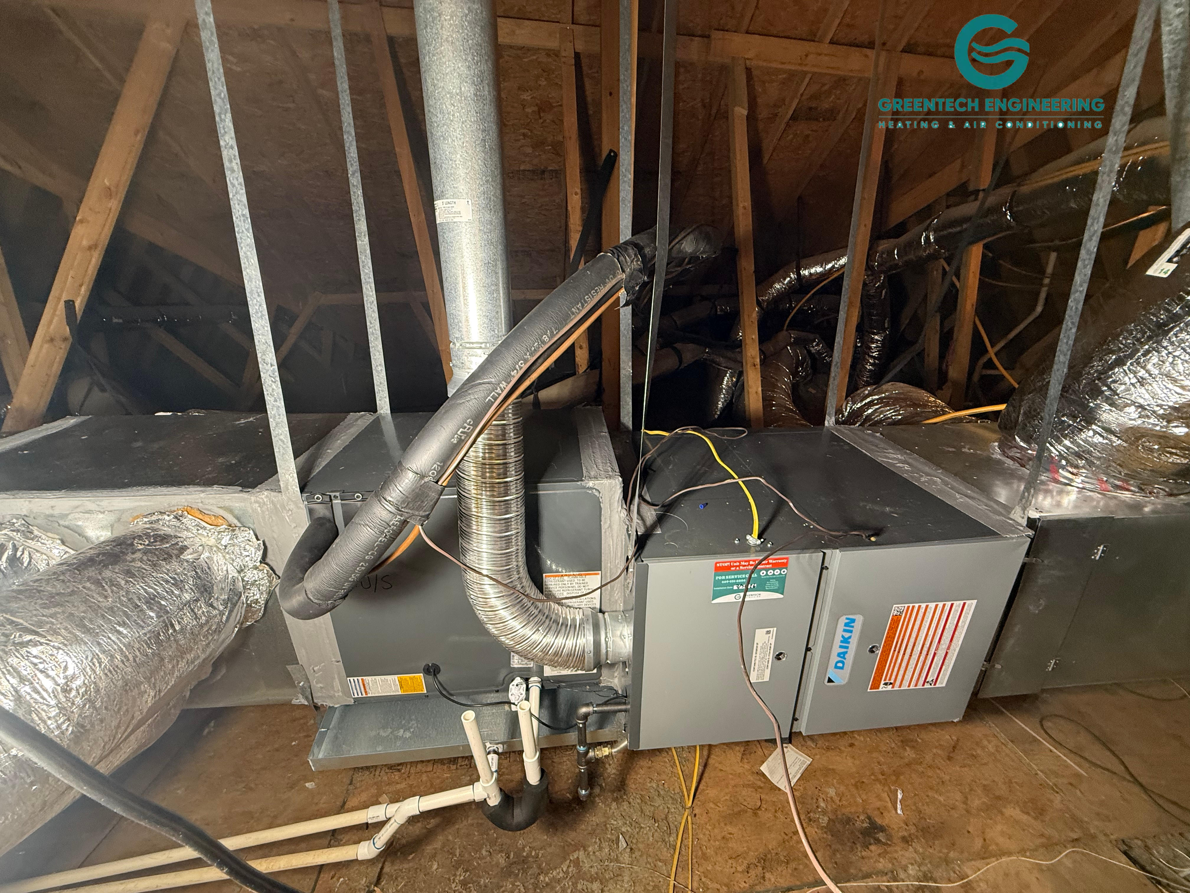 Horizontal Daikin indoor HVAC system installed in a Grand Prairie attic