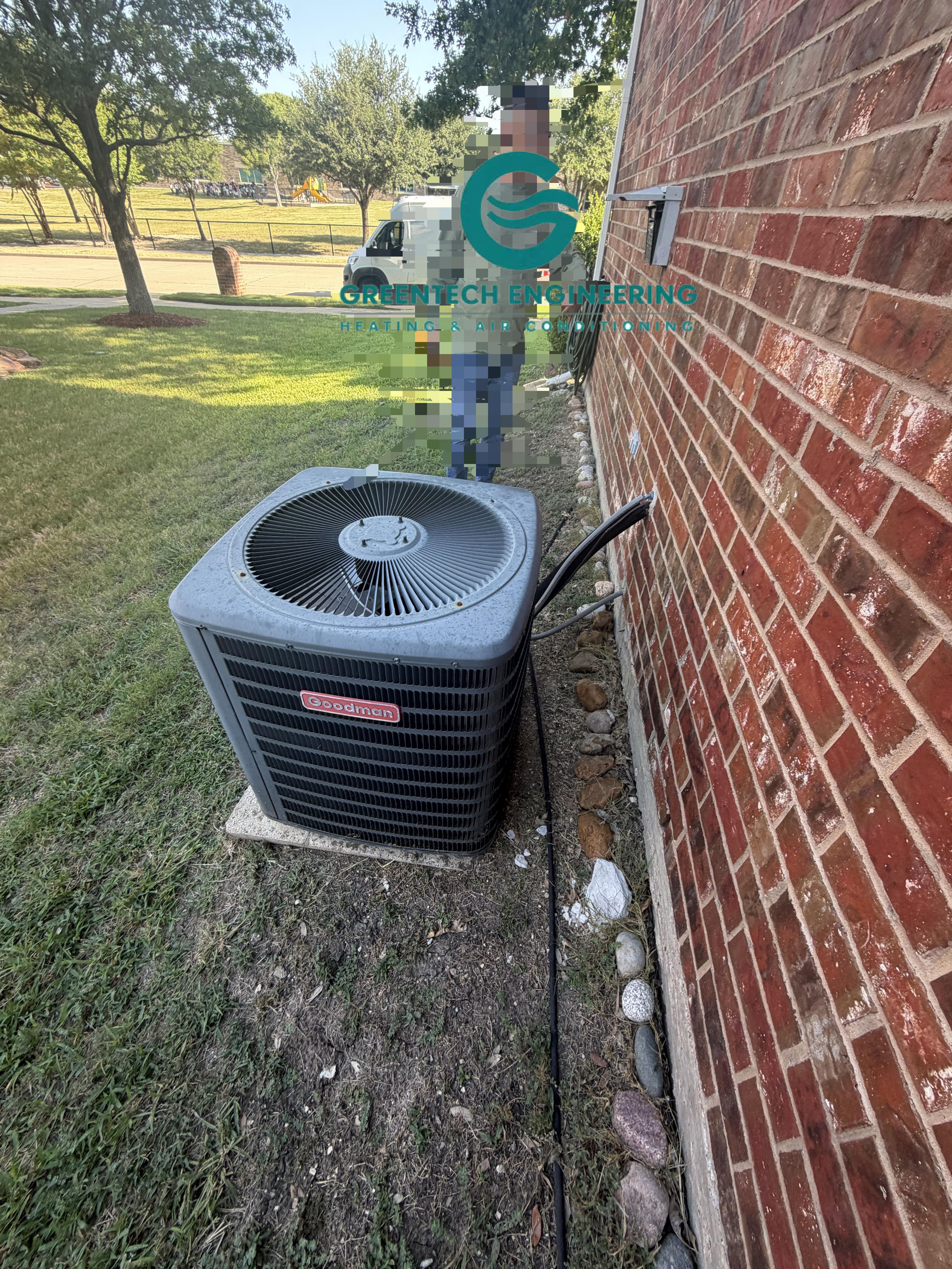 Older Goodman outdoor air conditioner before an upstairs replacement in Frisco