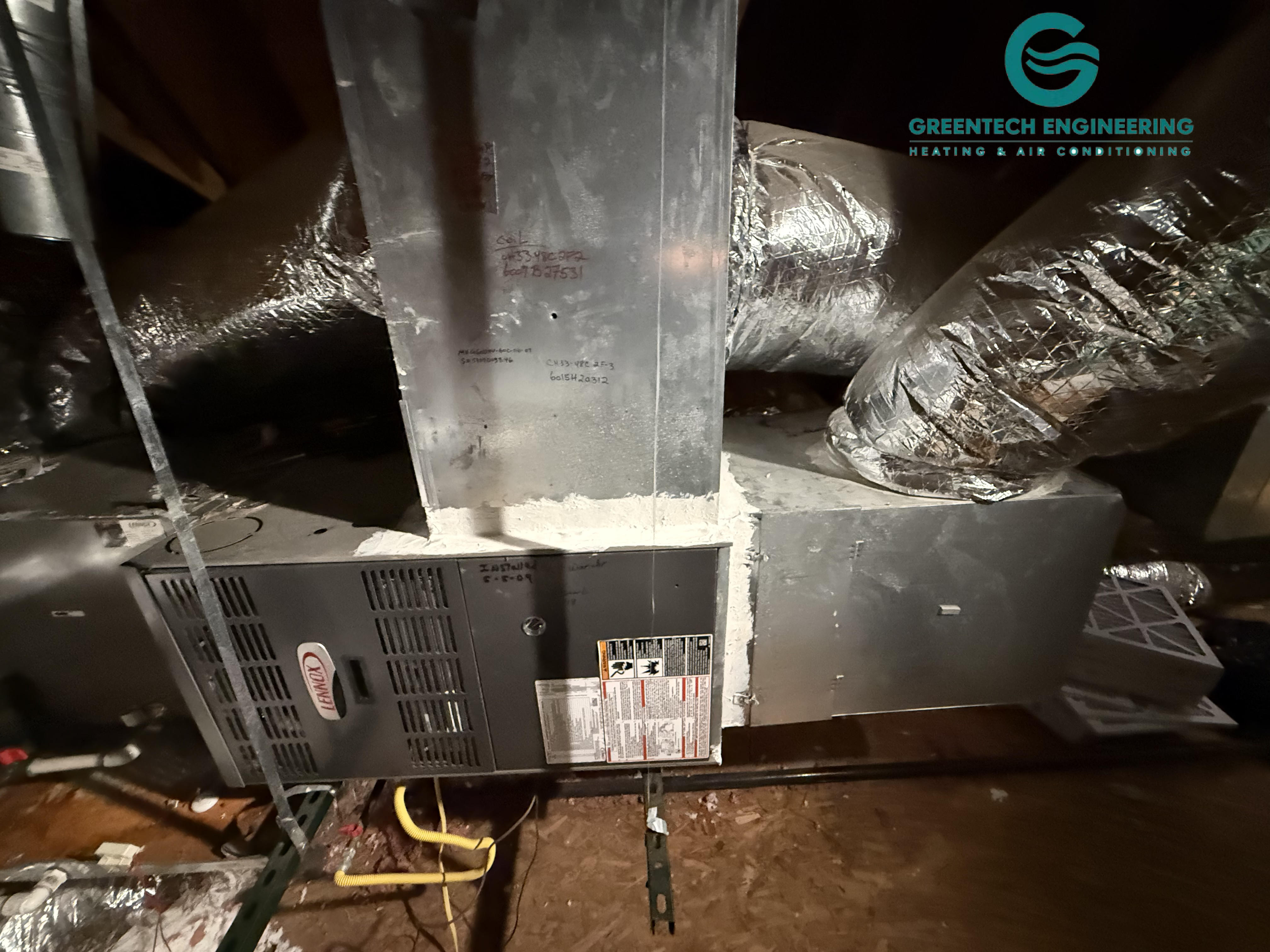 Existing horizontal Lennox furnace and coil in a Dallas residential attic