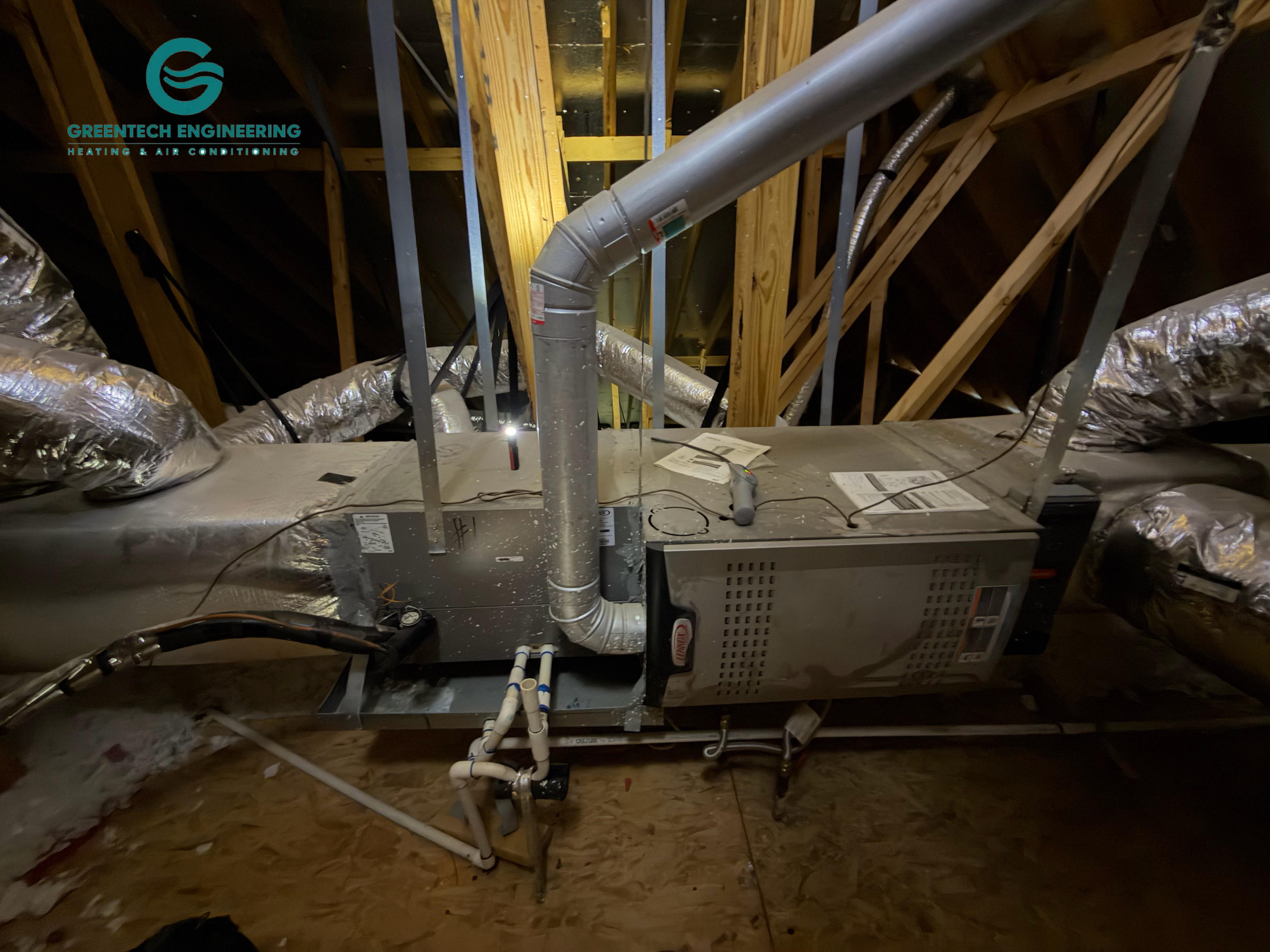 Existing horizontal Lennox furnace and evaporator coil in a Keller attic before replacement