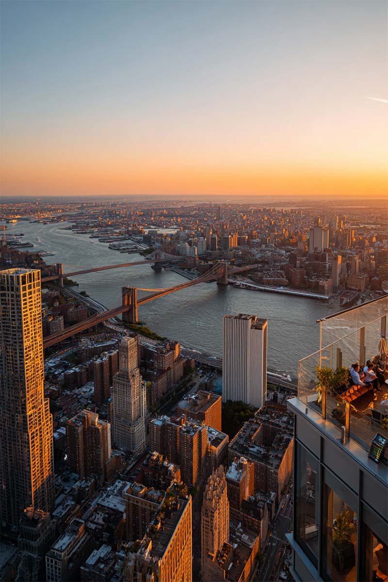 Skyline einer Stadt bei Sonnenuntergang