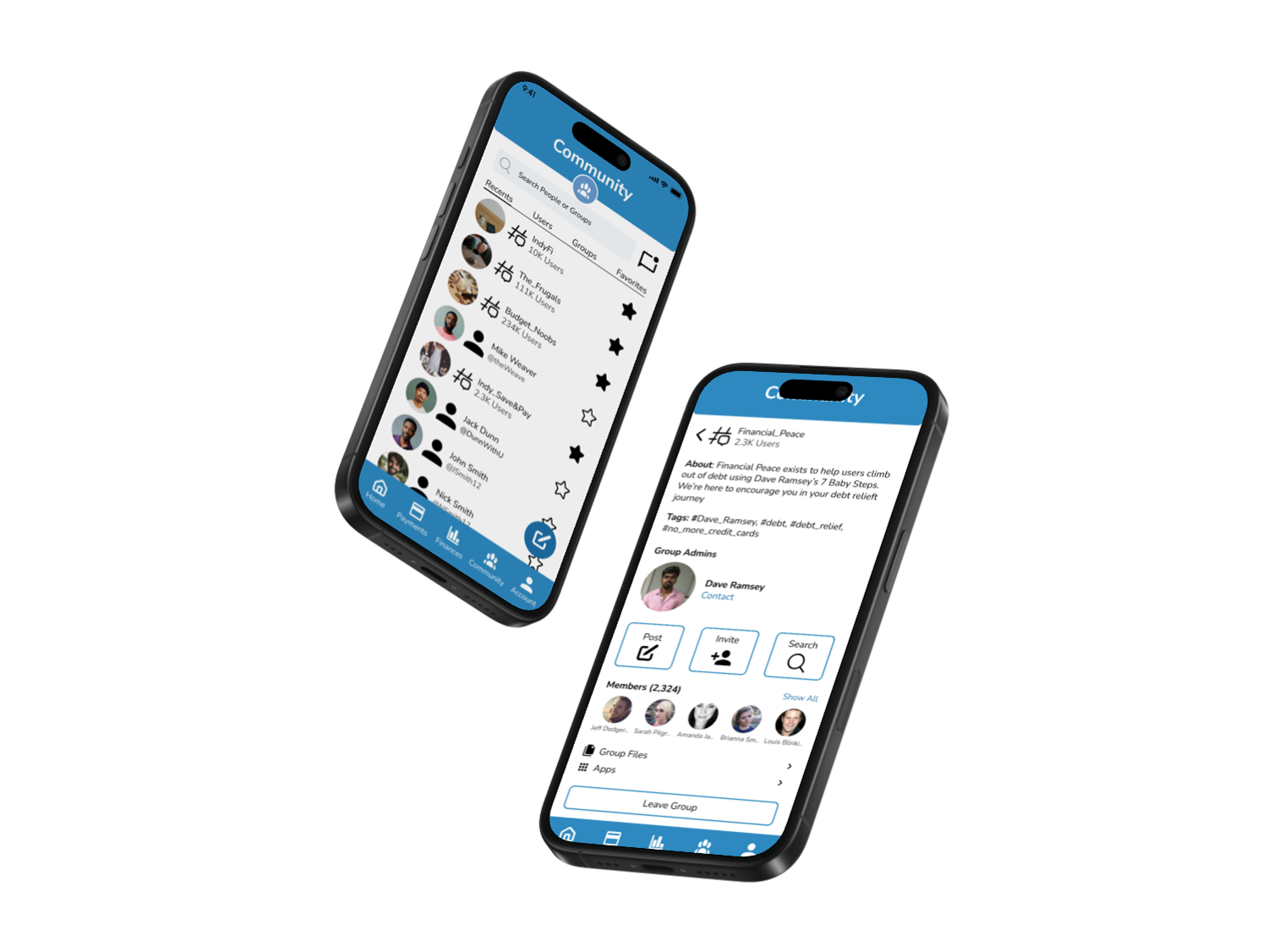 Smartphones showcasing community pages with user profiles and real-time updates and interactions.