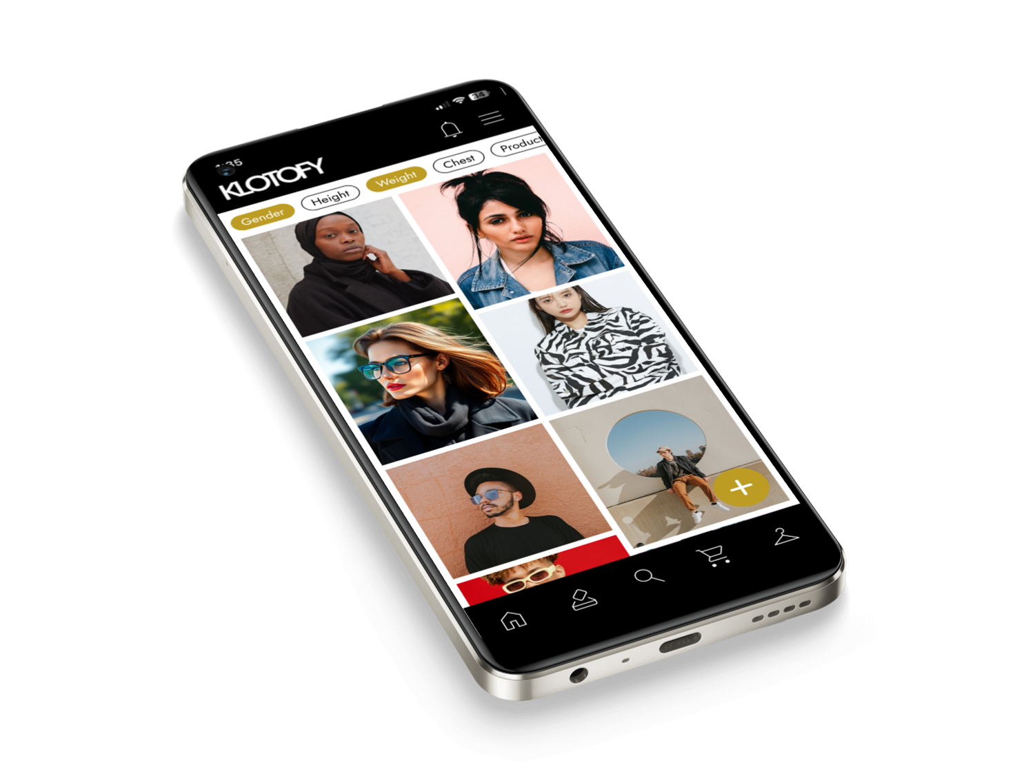 Diverse users on Klotofy app showcasing profiles with customizable filters and avatars options online.