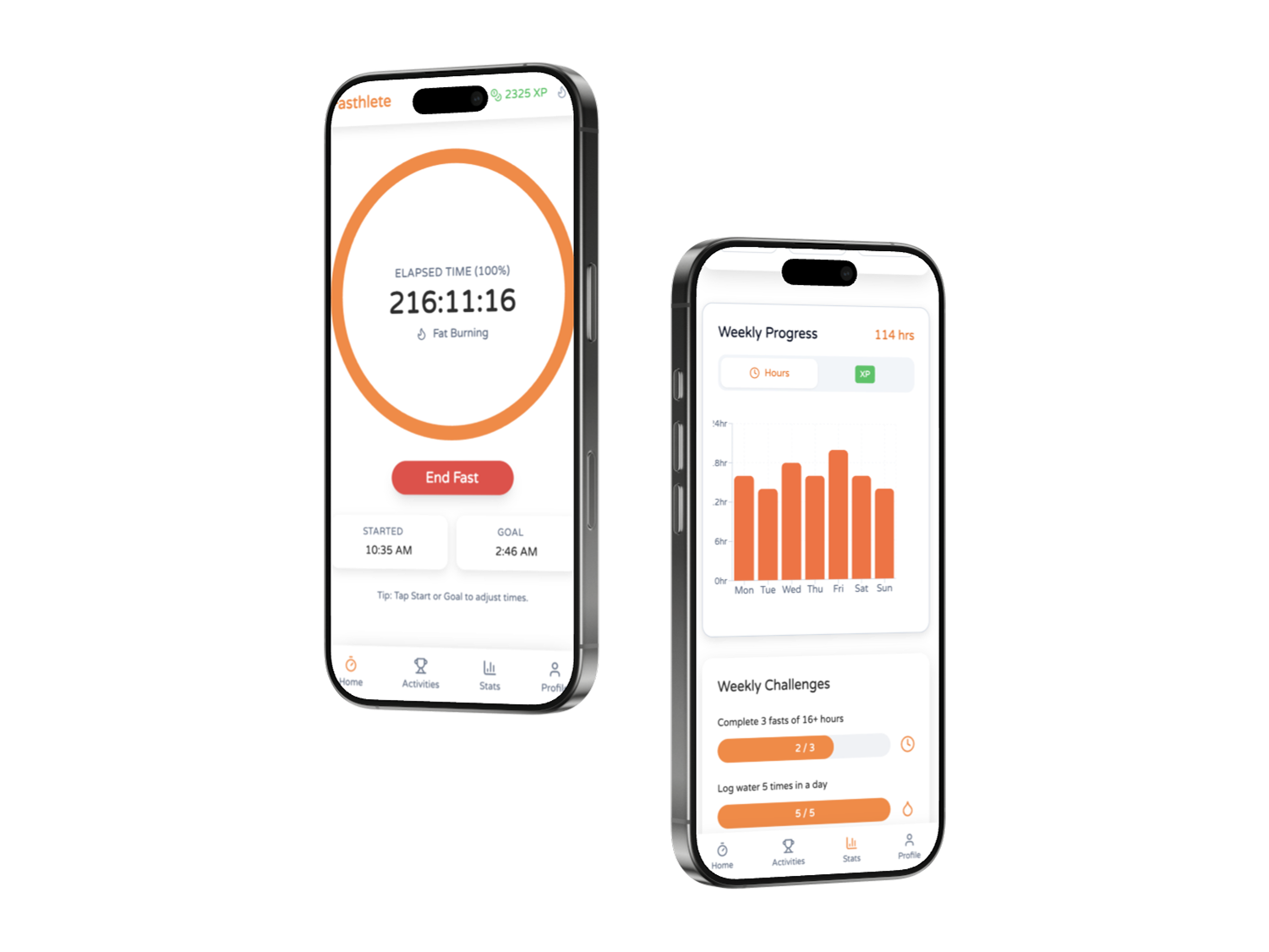Two smartphones display fasting app screens with timers and customizable progress tracking charts.