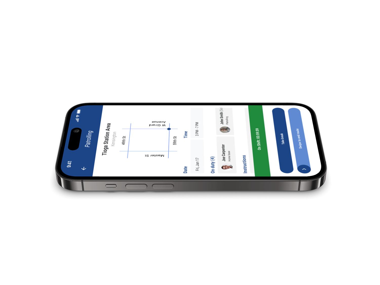 Law enforcement officer uses smartphone app to view patrolling route maps and details.