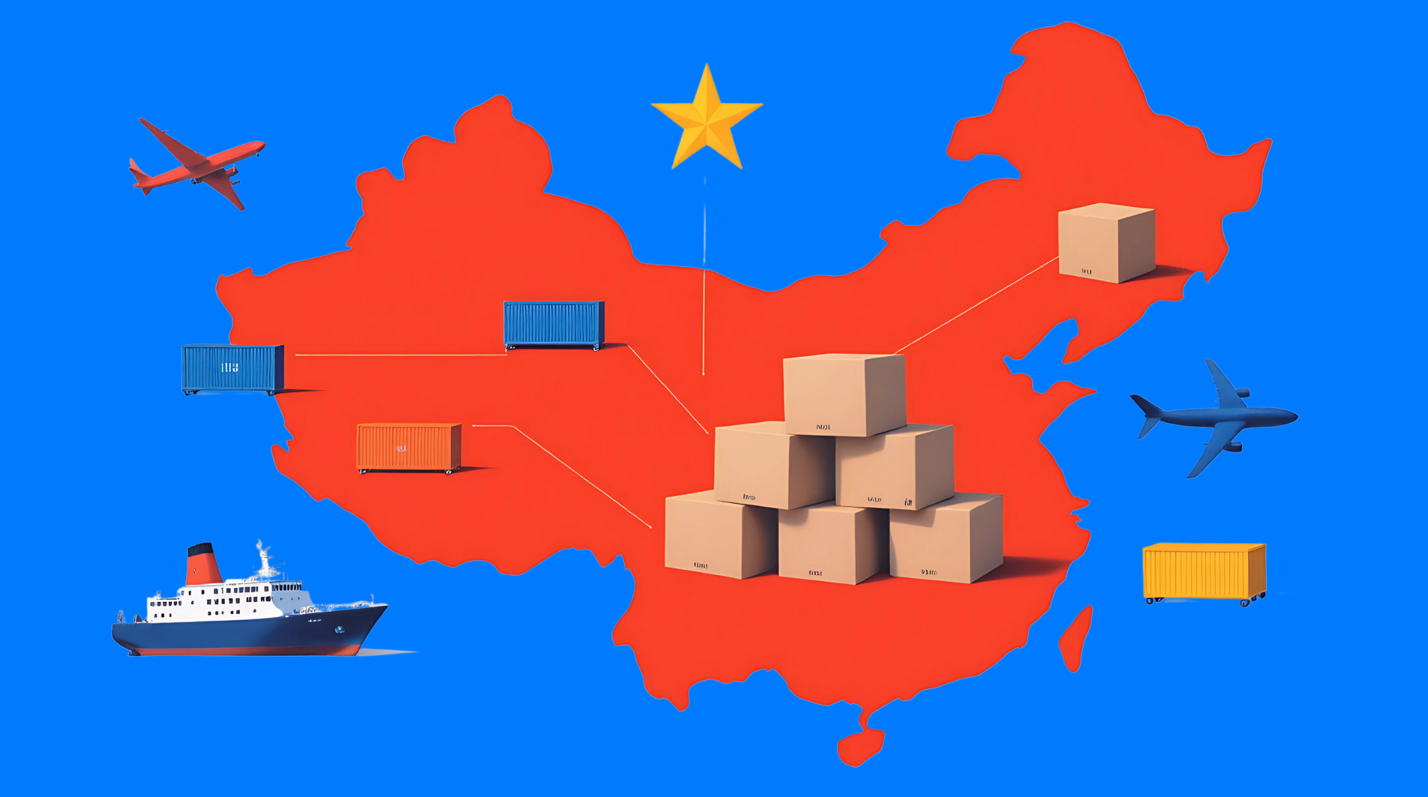 a map of china with boxes and a ship