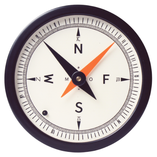 a white compass with orange arrow