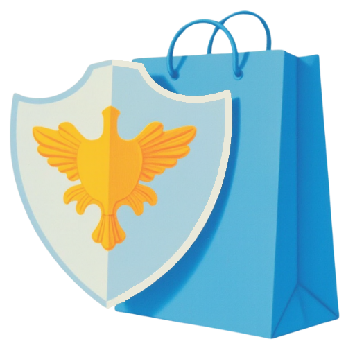 a blue shopping bag with a shield and a bird on it