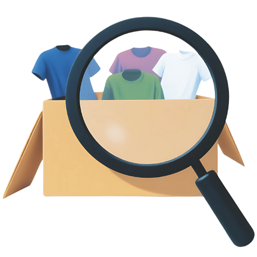 a magnifying glass over a box with several t-shirts