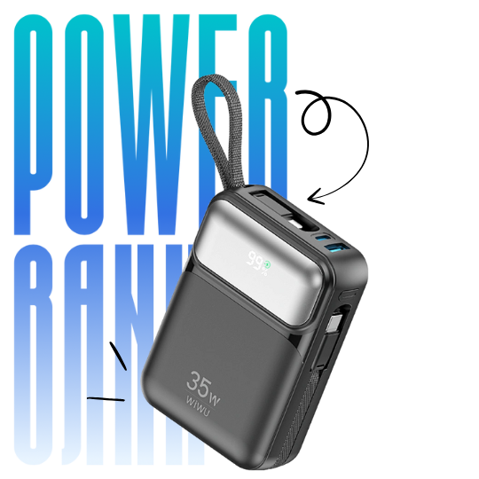 a black power bank with blue text
