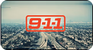 9-1-1 TV series logo over a Los Angeles cityscape with freeways.