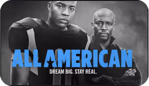 All American TV series title card with Spencer James & Billy Baker in black and white background.