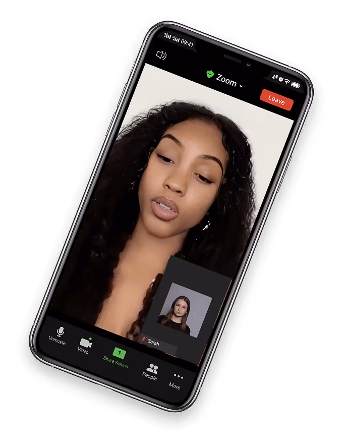 Smartphone screen showing an active video conference call with a woman as the primary speaker and another participant's thumbnail. 