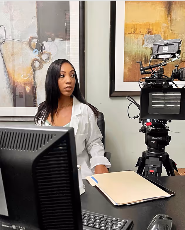 Woman in white lab coat on a film set with professional camera and computer monitor.
