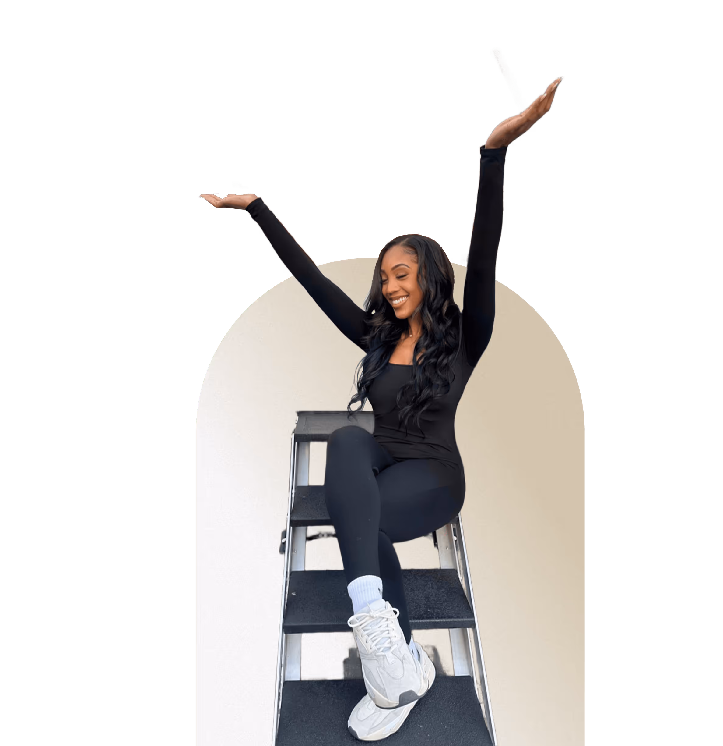 Smiling woman in black activewear and white sneakers sitting atop a black ladder with arms raised, next to 'Community' text & star ratings. 