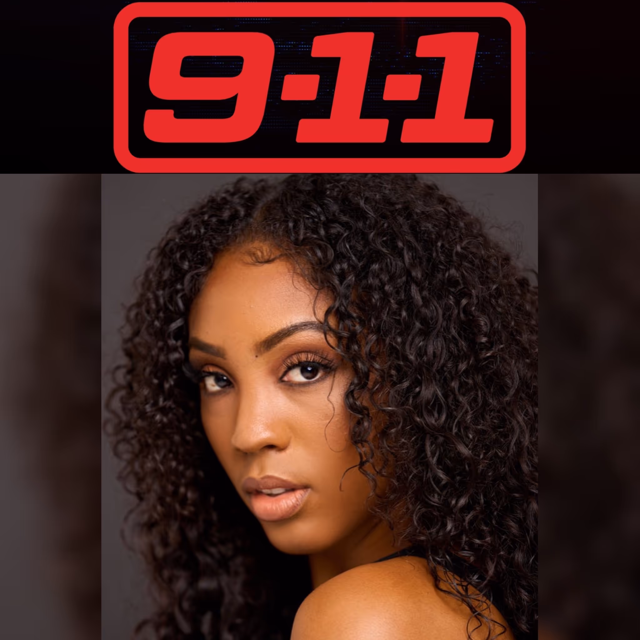 Headshot of a woman with long, dark curly hair, with the read 9-1-1 TV series logo above her. 