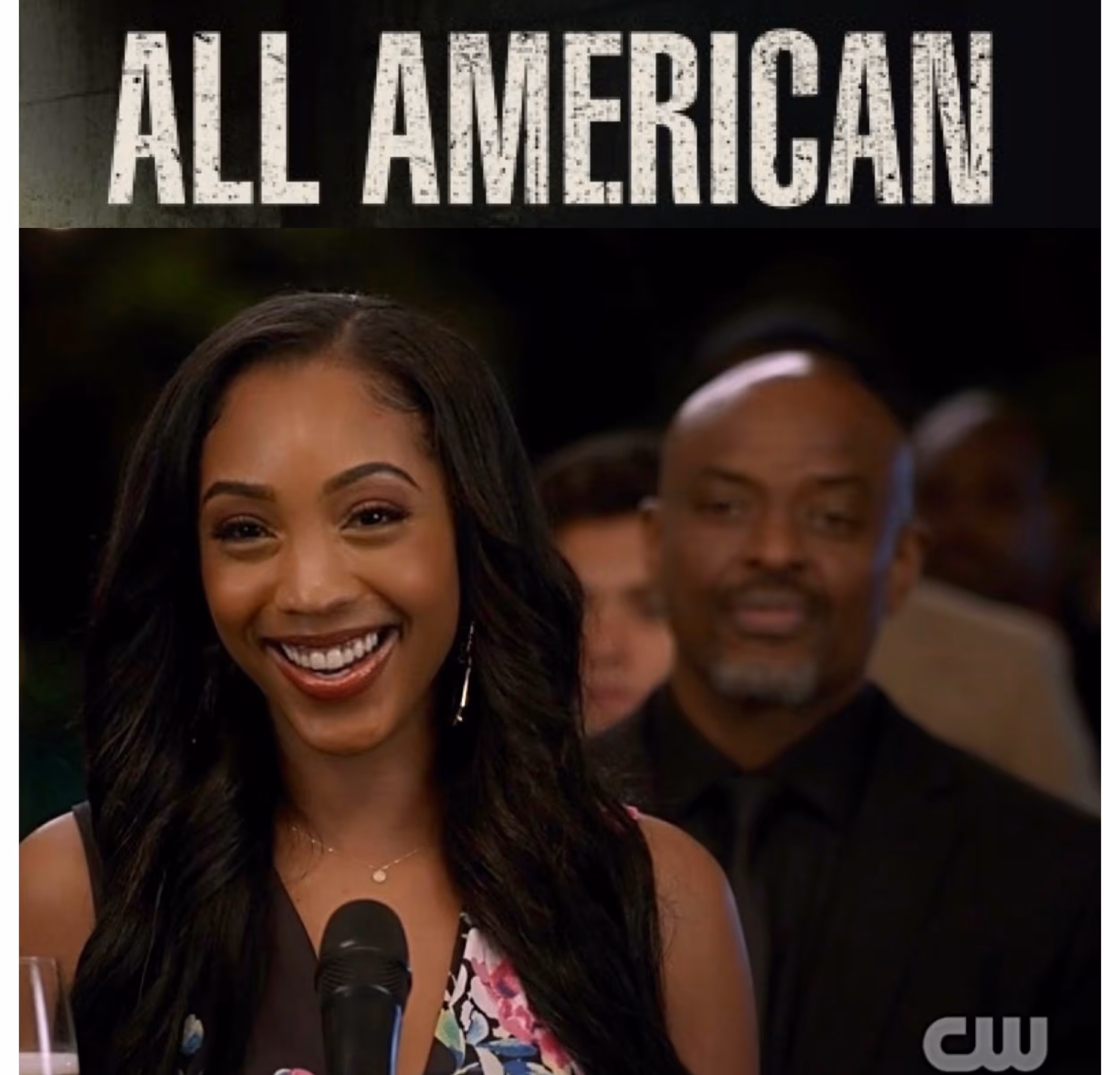 Promotional image for the show 'All American' featuring a smiling actress at an event, speaking into a mic. 