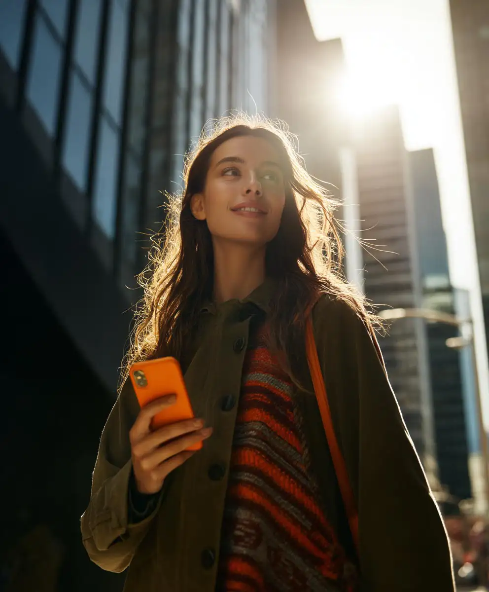 Mujer migrante usando app para enviar y recibir pagos con tarjeta desde su celular caminando por la ciudad.