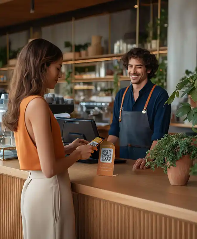 Mujer pagando con QR de Payphone desde su celular en cafetería.