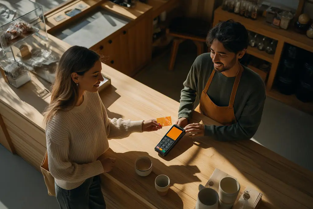 Mujer pagando con tarjeta Mastercard Payphone en tienda física.