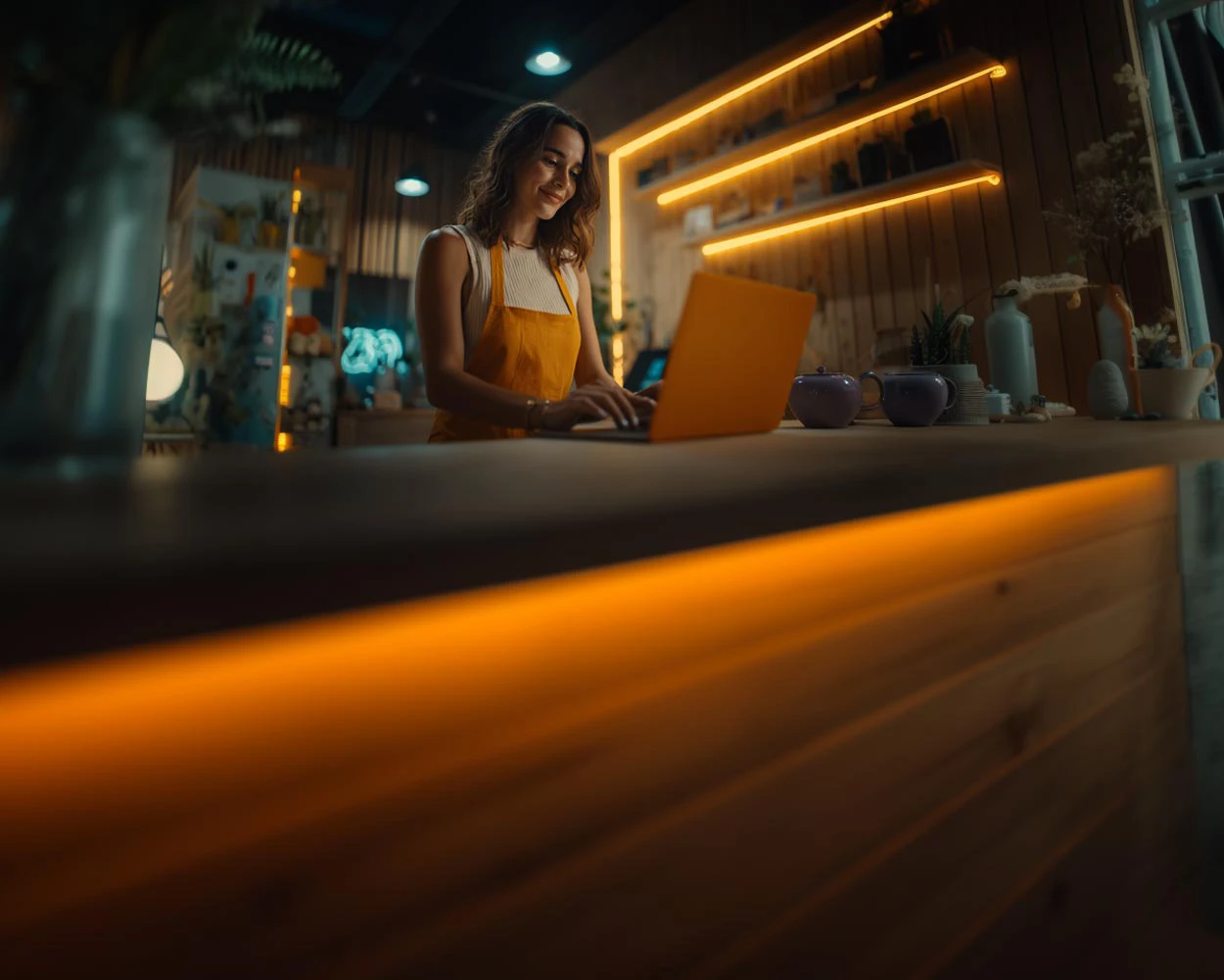 Emprendedora usando laptop para gestionar pagos online con Payphone.