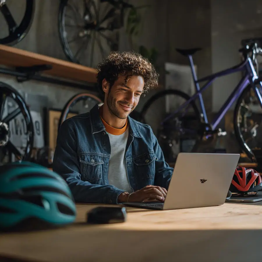 Emprendedor usando botón de pago de Payphone en tienda de bicicletas.