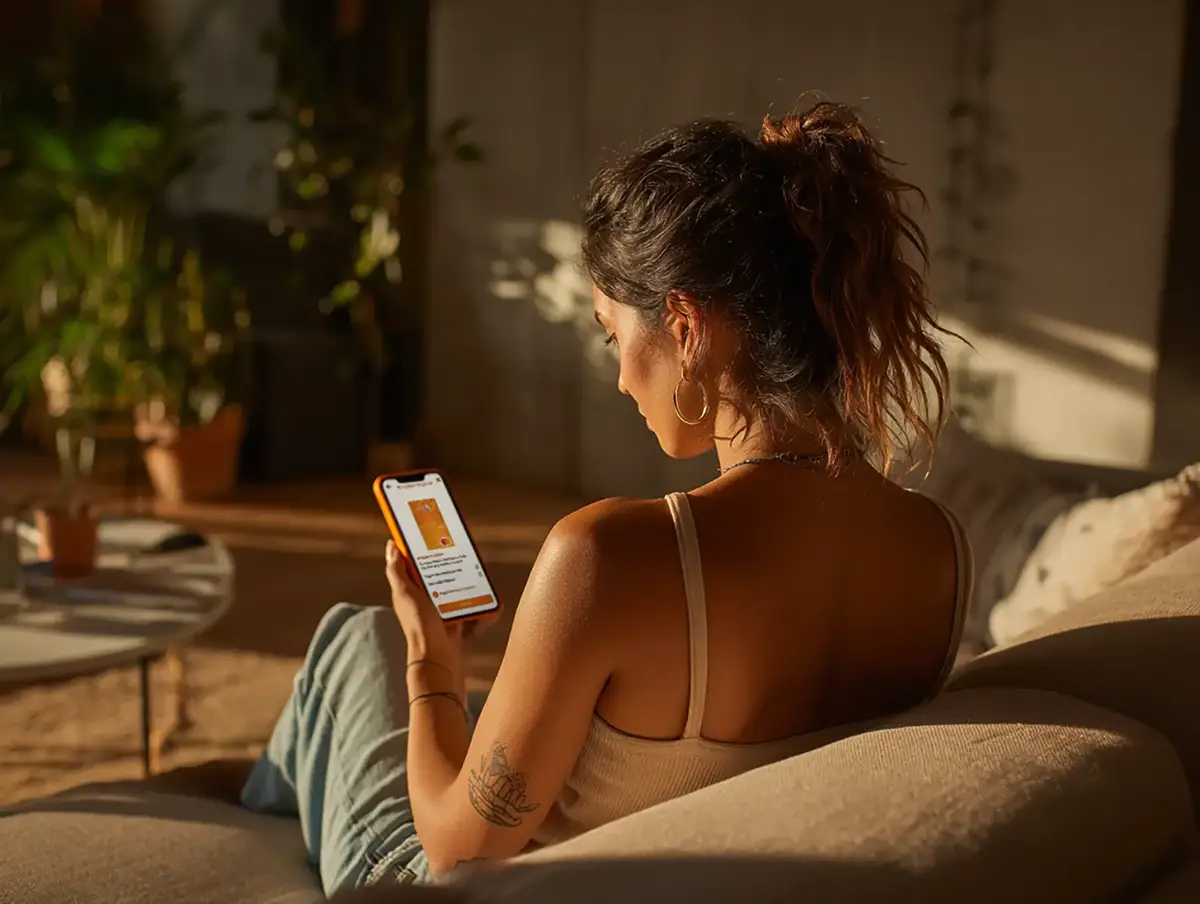 Mujer muestra en su smartphone como puede pedir su tarjeta Mastercard Payphone. 