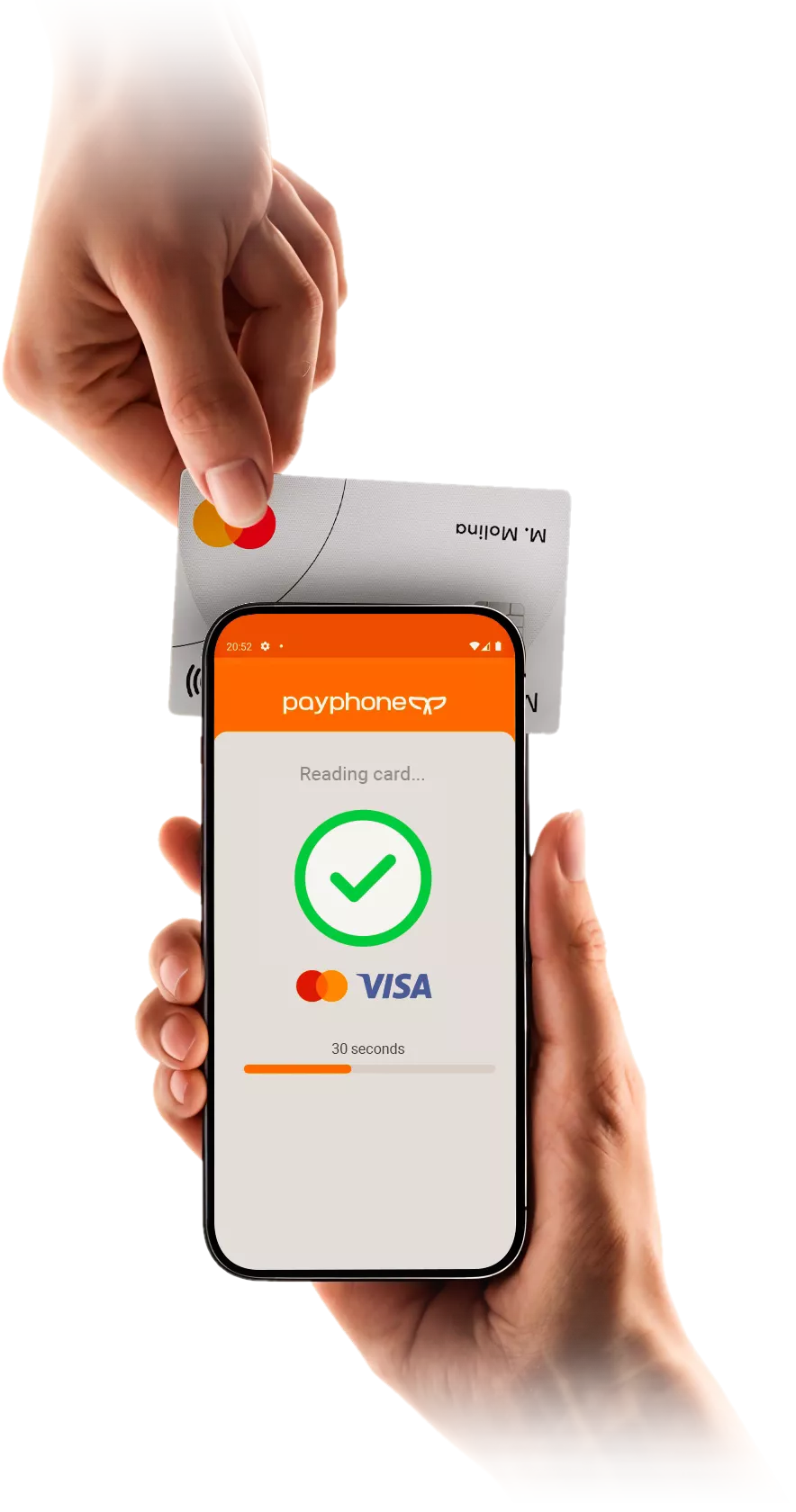 Hands taking a Mastercard payment with just a phone and the Payphone app.