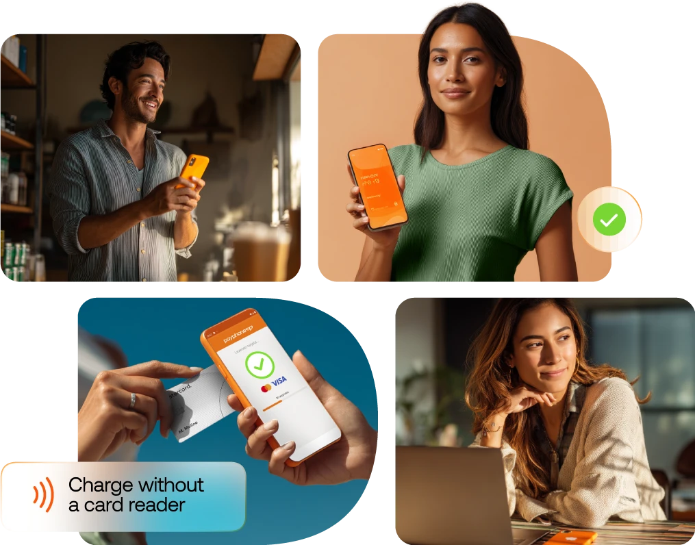 Different people using the Payphone app to accept card payments from their phones.
