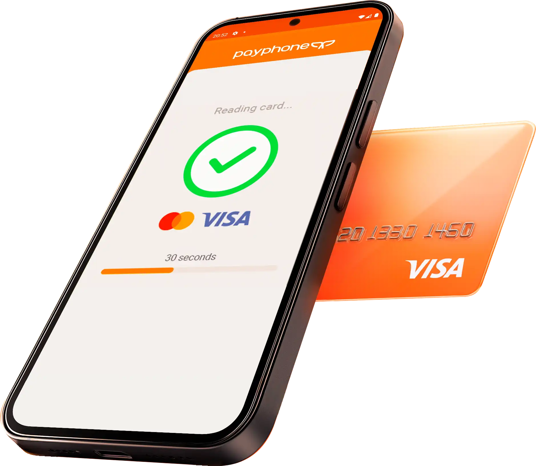 Payphone app interface showing validated contactless card.