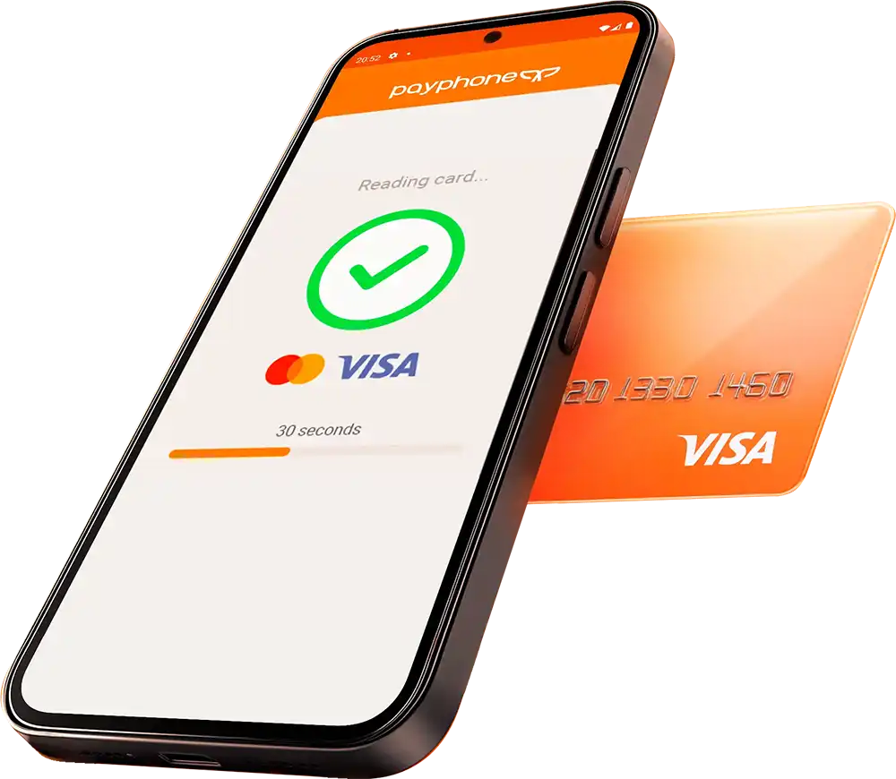 Payphone app interface showing validated contactless card.