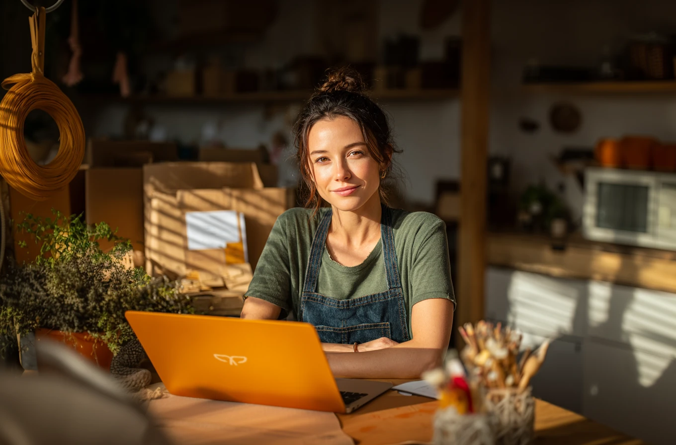 Mujer emprendedora utiliza la cajita de pagos en su negocio.