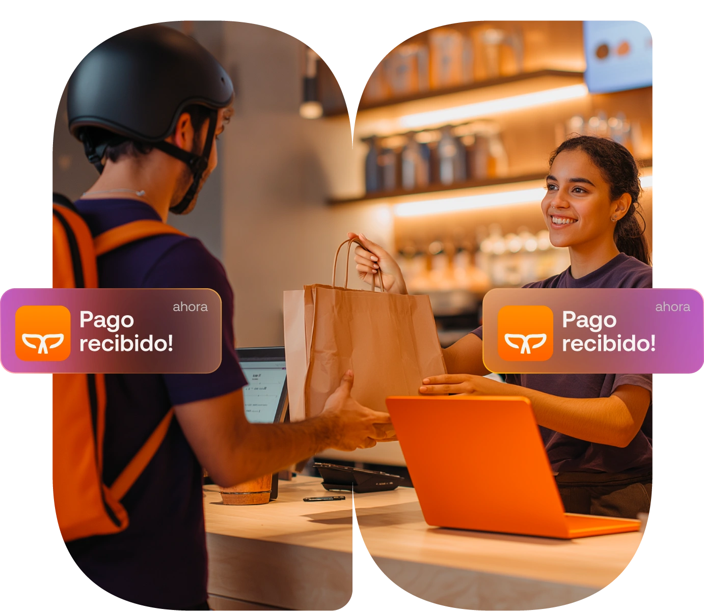 Repartidor entrega el envío en la tienda. Todos reciben su pago a través del Split de Pagos de Payphone.