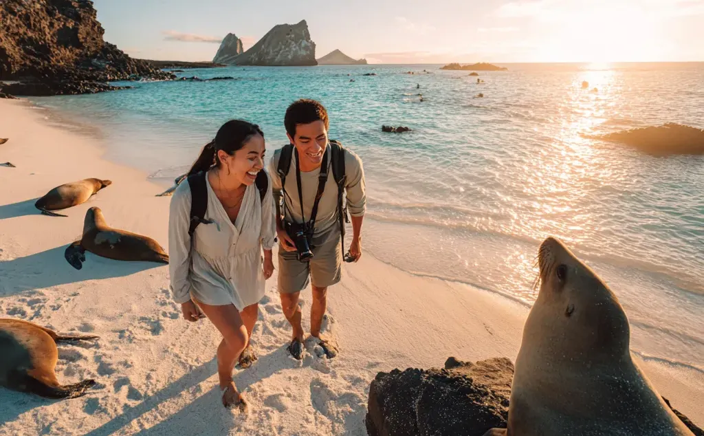 Pareja mira un lobo marino en las islas Galápagos.