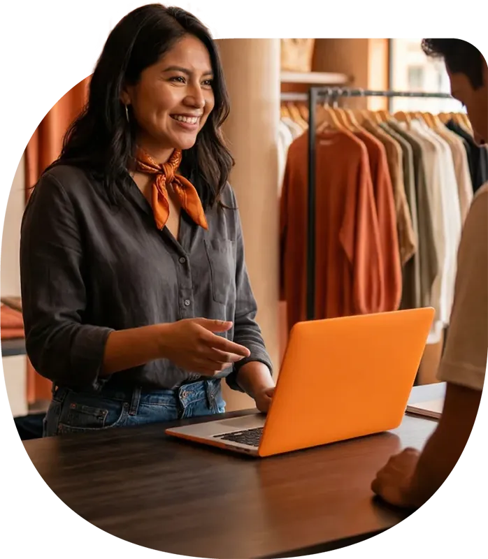 Emprendedora atiende a su cliente desde su laptop.