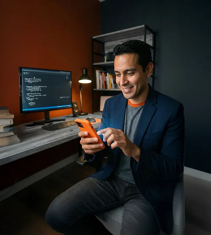 Hombre cobrando pagos online desde redes sociales con su celular.