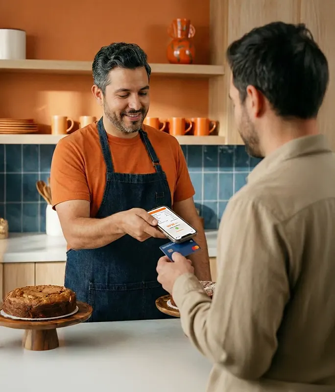Hombre cobrando a un cliente en el mostrador con una app de pagos.