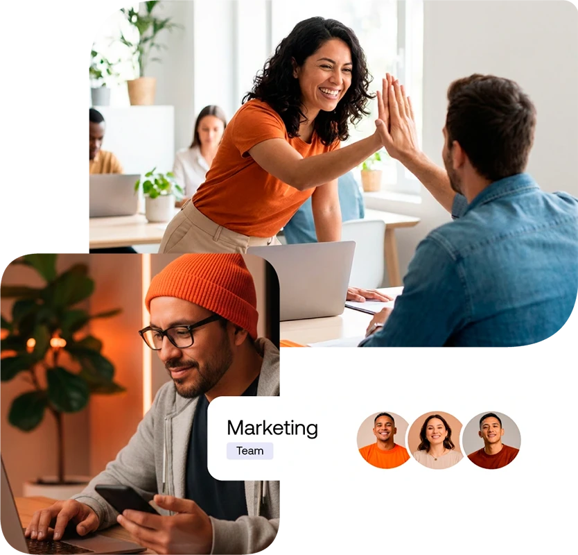 Equipo de marketing colaborando y celebrando resultados en un espacio de trabajo moderno.