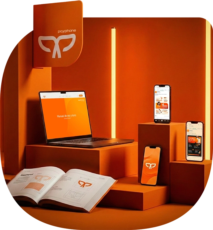 Kit de marca Payphone con guías, logos y materiales digitales en laptop y celulares.