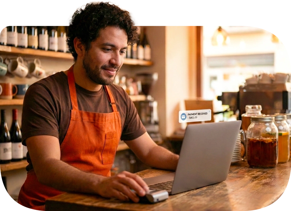 Vendedor en mostrador de un pequeño negocio recibiendo una notificación de pago en su laptop.