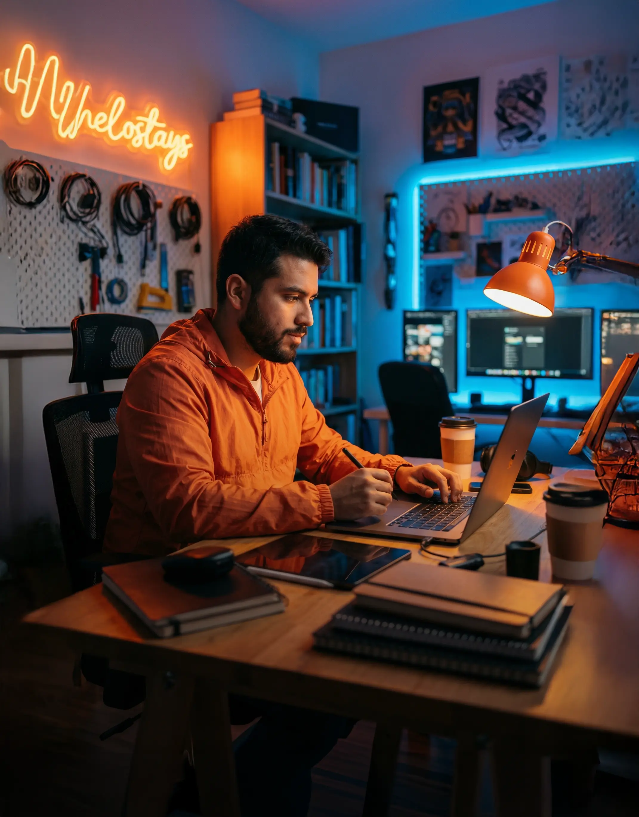 Emprendedor usando su laptop para trabajar en su tienda online desde una oficina en casa.