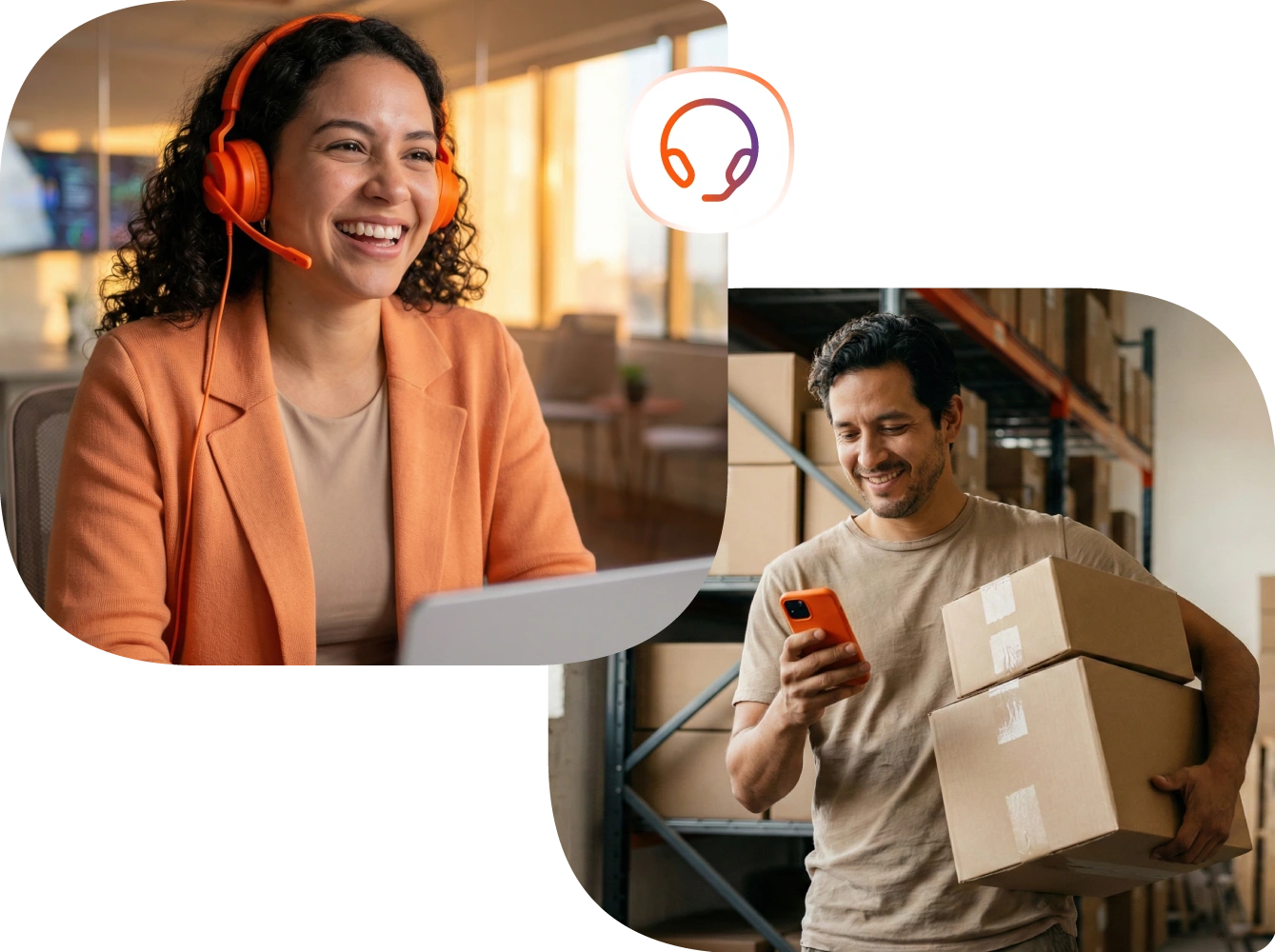 Agente de soporte resolviendo consultas sobre pagos desde su computadora y un comerciante resolviendo una consulta de forma rápida desde su celular.